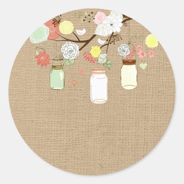 Redonda Mason Jars en Faux Burlap Pegatina (Anverso)