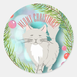 Redonda Meowy Navidades Pegatina de tarjetas de vacaciones