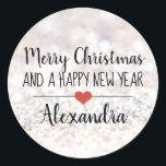 Redonda Merry Christmas purpurina nombre pegatina<br><div class="desc">Elegante "Feliz Navidad y un feliz Año Nuevo" con forma de palo con un tipo de letra negra en un fondo purpurina plateado adornado con un lindo corazón rojo. Texto personalizado.</div>