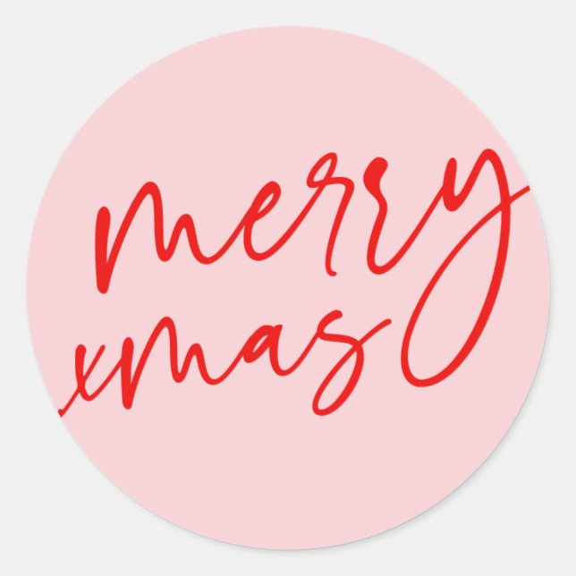 Redonda Merry Xmas Red and Pink Script Pegatina (Anverso)