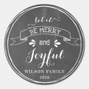 Redonda Merry y Joyful Chalkboard Pegatina