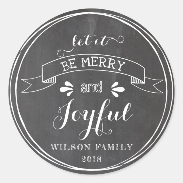 Redonda Merry y Joyful Chalkboard Pegatina (Anverso)
