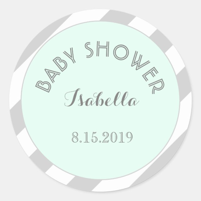 Redonda Mint Gray White Stripes Baby Shower Pegatina (Anverso)
