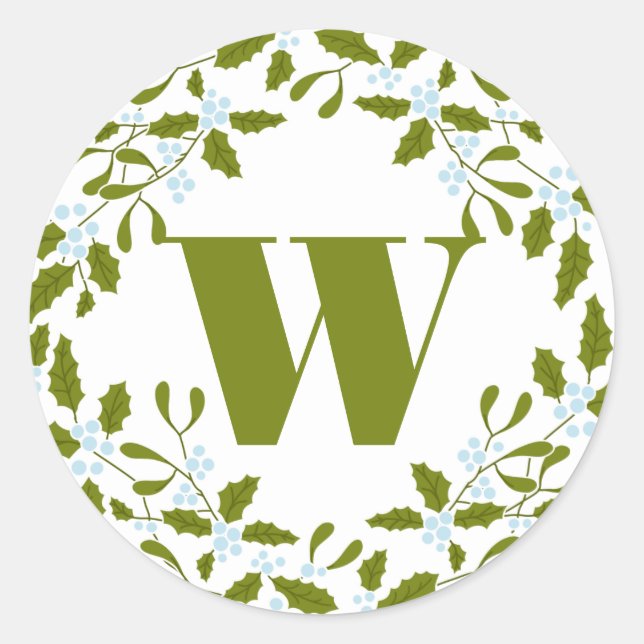 Redonda Mistletoe Bough Wreath Monogram Gift Pegatina (Anverso)