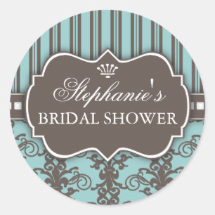 Redonda Moda Damask & Stripe Bridal Shower Pegatina