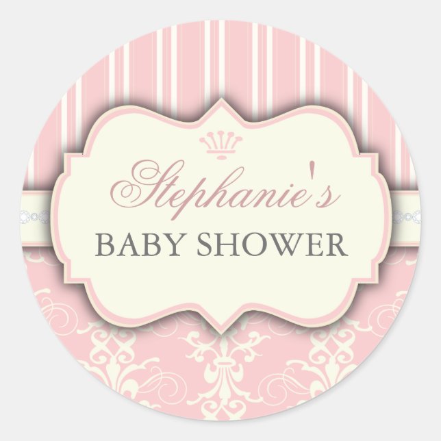 Redonda Moda Damask y Stripe Pegatina de Baby Shower Favor (Anverso)