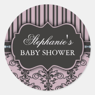 Redonda Moda Damask y Stripe Pegatina de Baby Shower Favor