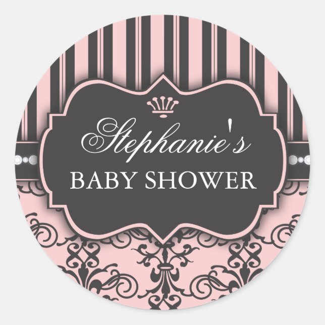 Redonda Moda Damask y Stripe Pegatina de Baby Shower Favor (Anverso)