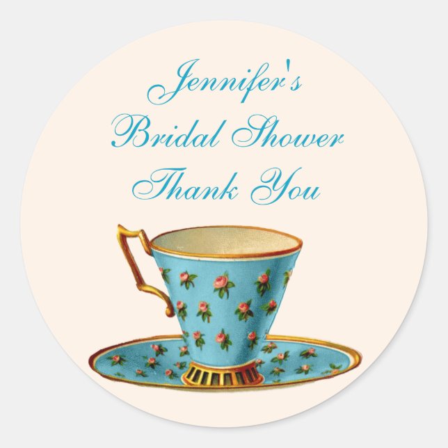 Redonda Moda Floral Tea Cup Bridal Shower Pegatina (Anverso)