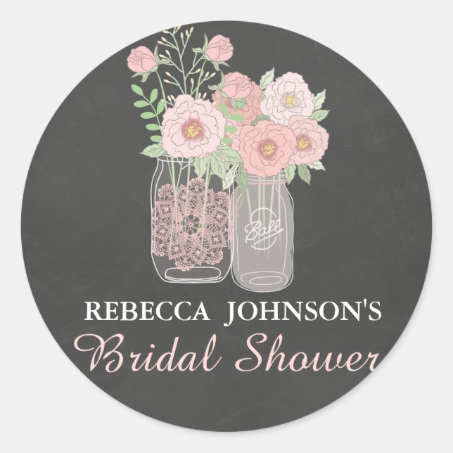 Redonda Moda Mason Jar & Chalkboard Bridal Shower Pegatina (Anverso)