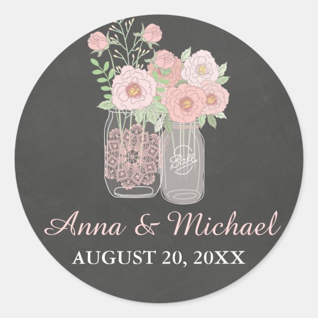 Redonda Moda Mason Jar y Pegatina Boda Chalkboard (Anverso)