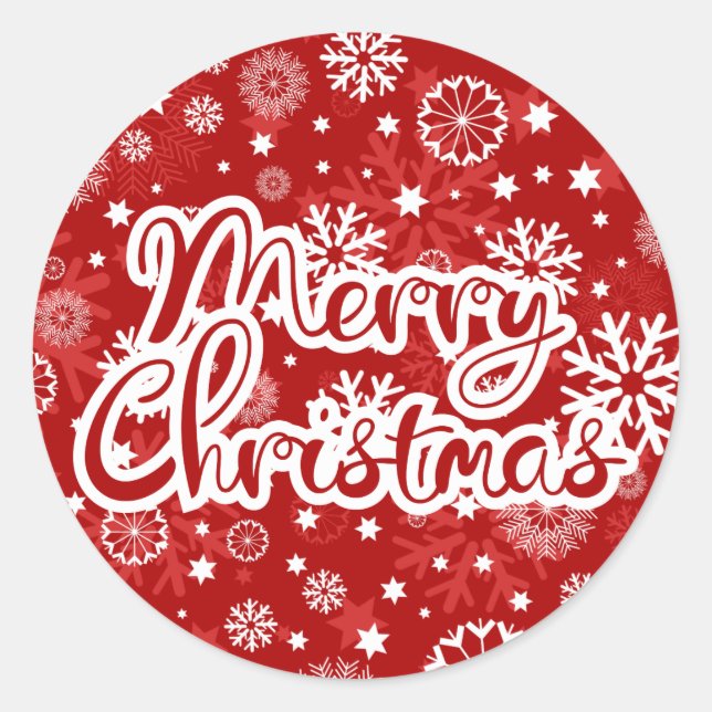 Redonda Moderno copo de nieve rojo Feliz Pegatina navideño (Anverso)
