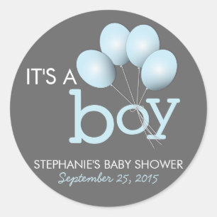 Redonda Moderno Pegatina Baby Shower de Blue Balloon Boy