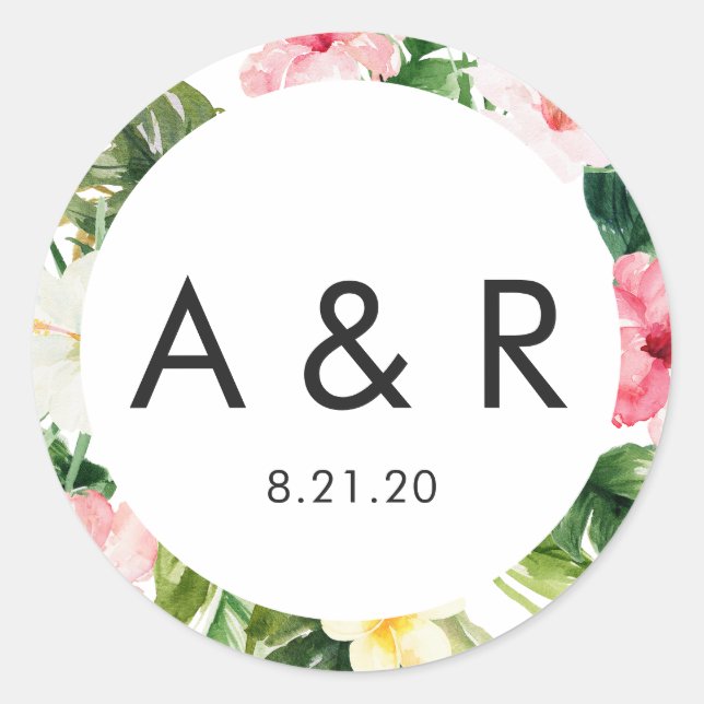 Redonda Monograma de hojas tropicales Gracias Pegatina (Anverso)