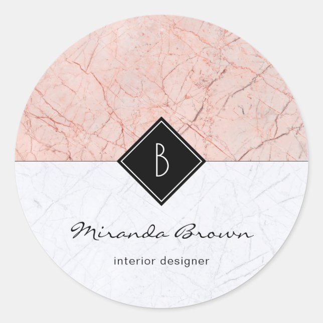 Redonda Monograma Elegante Rosa Pegatina de Mármol Gris Or (Anverso)