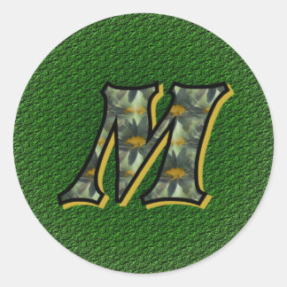 Redonda Monograma inicial M Pegatina de daisies negros