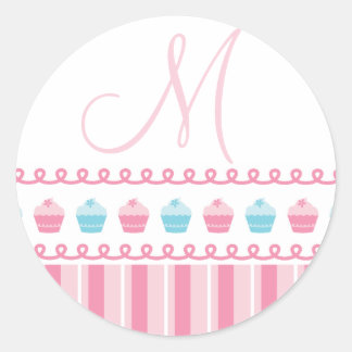 Redonda Monograma M Cupcakes Pinstripes Pegatina azul rosa