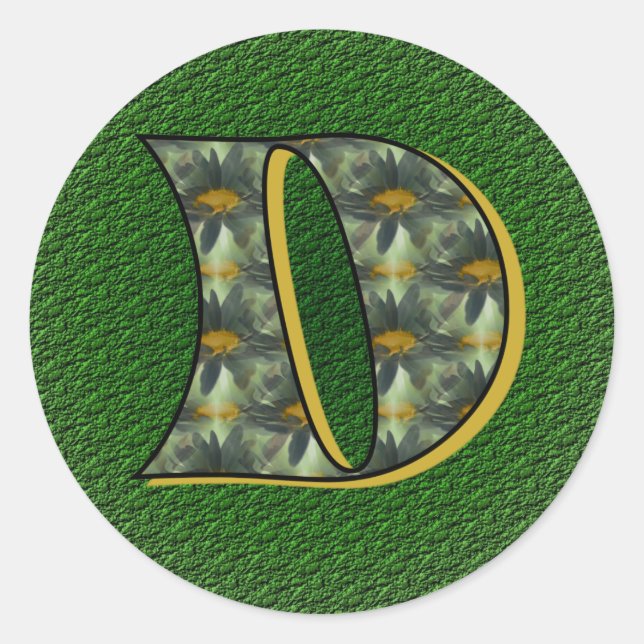 Redonda Monograma Pegatina de Daisies Negros Iniciales D (Anverso)