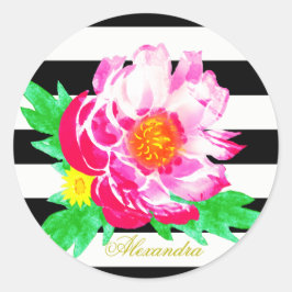 Redonda Monograma Pink Peony en negro y blanco Pegatina re