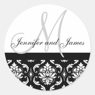 Redonda Monograma y nombres Damask Gray Boda Pegatina