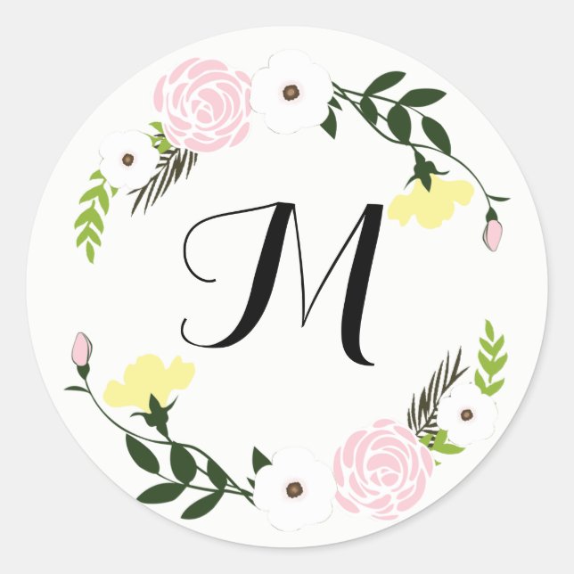Redonda Monogrammed Floral Garden Wedding Pegatina (Anverso)