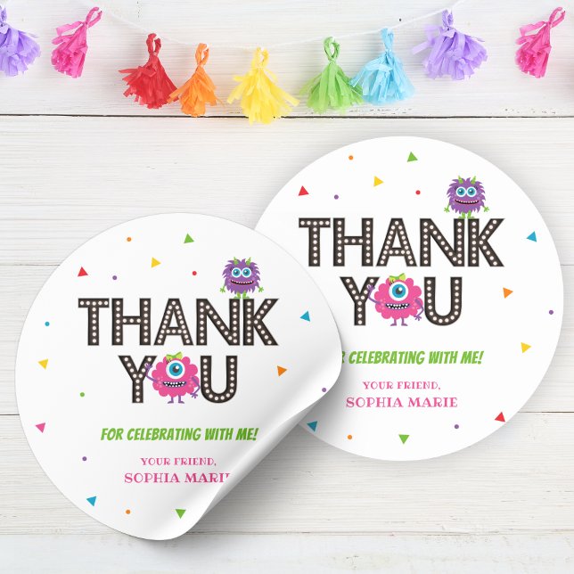 Redonda Monstruo Rosa Gracias Pegatina (Pink Monster Thank You Sticker)