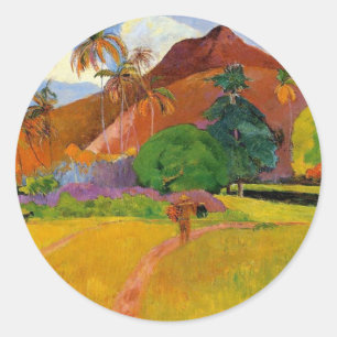Redonda 'Montañas en Tahití' - Pegatina Paul Gauguin