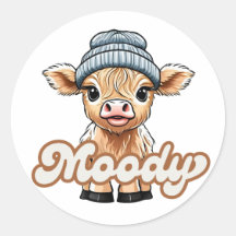 Moody Highland Cow Classic Round Pegatina