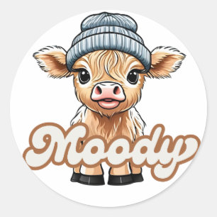 Redonda Moody Highland Cow Pegatina