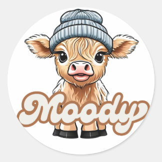 Redonda Moody Highland Cow Pegatina