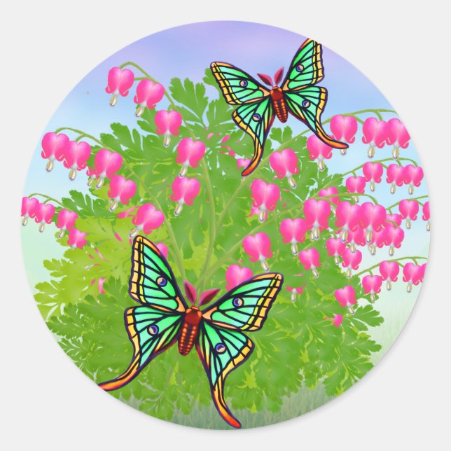 Redonda Moon Moths on Bleeding Heart Flowers Pegatina (Anverso)