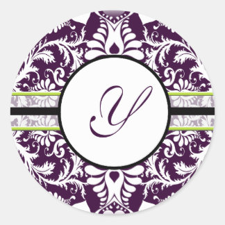 Redonda Morado Damask Letra inicial Pegatina Y Boda