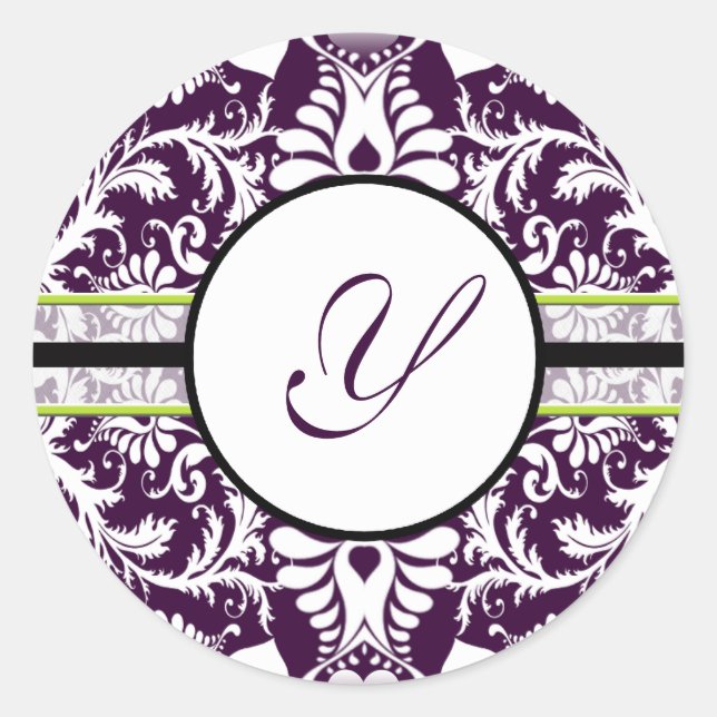 Redonda Morado Damask Letra inicial Pegatina Y Boda (Anverso)