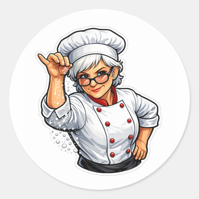 Redonda mujer chef divertida sal bae pegatina de cocina (Anverso)