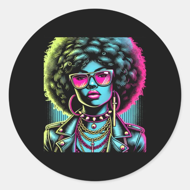Redonda Mujer negra con un gran Pegatina afro (Anverso)