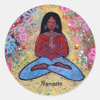 Redonda Namaste Black Haired Yoga Chica Pegatina