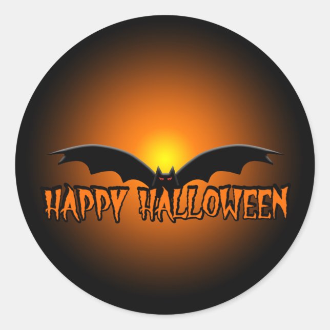 Redonda Naranja Black Happy Halloween Bat Pegatina (Anverso)