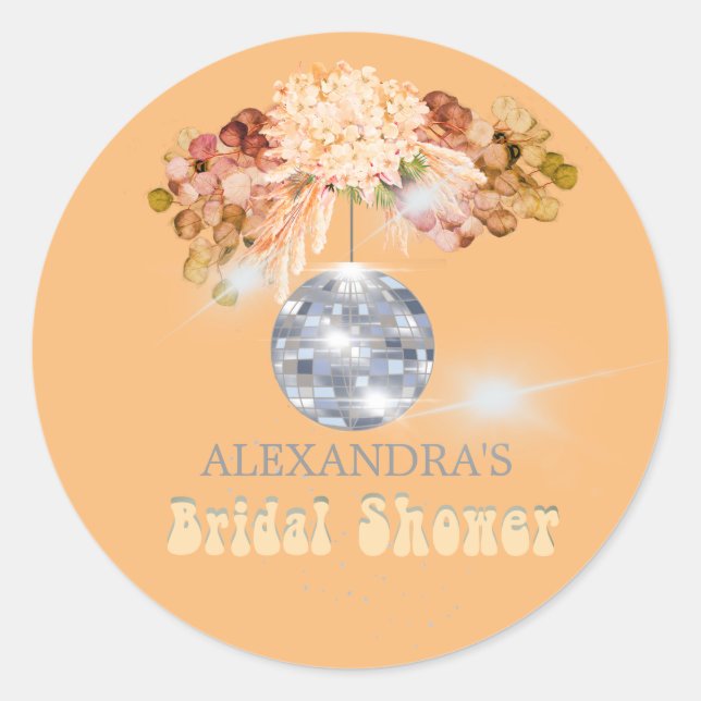 Redonda Naranja floral Disco Ball Bridal Shower Pegatina (Anverso)