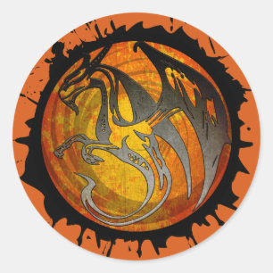 Redonda Naranja grunge raspador de pintura dragón pegatina