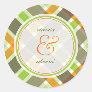 Redonda Naranja retro Green Plaid Checks Boda Pegatina