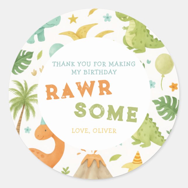 Redonda Naranja verde acuarela Dinosaurio Pegatina de cump (Anverso)