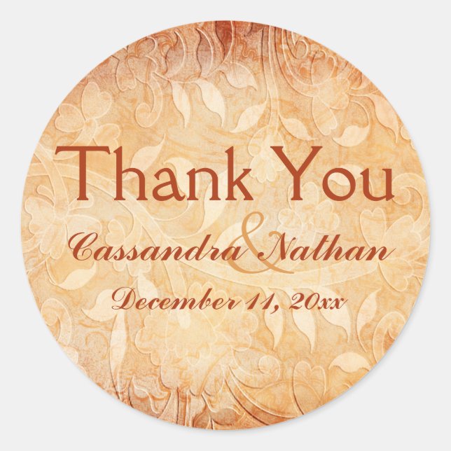 Redonda Naranja y Marfil Floral Gracias Pegatina (Anverso)