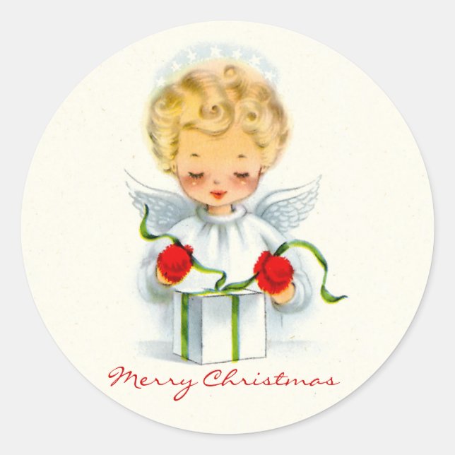 Redonda Navidades Angel Wrapping Gift Pegatina (Anverso)