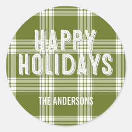 Redonda Navidades de Green Plaid Pegatina Felices Fiestas