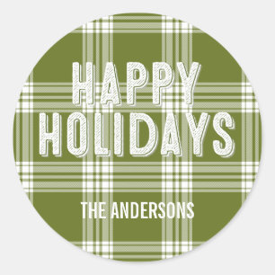 Redonda Navidades de Green Plaid Pegatina Felices Fiestas