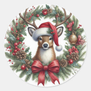 Redonda Navidades Deer Wreath Pegatina