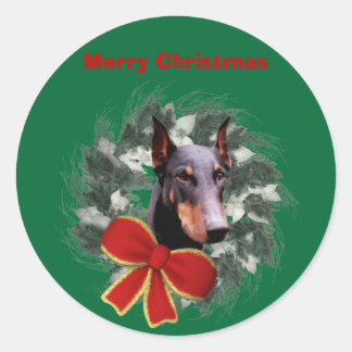 Redonda Navidades Doberman Y Wreath Pegatina de vacaciones