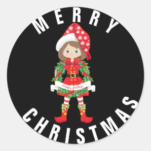 Redonda Navidades Elf/Brunette/ con Wreath/ xMas Pegatina