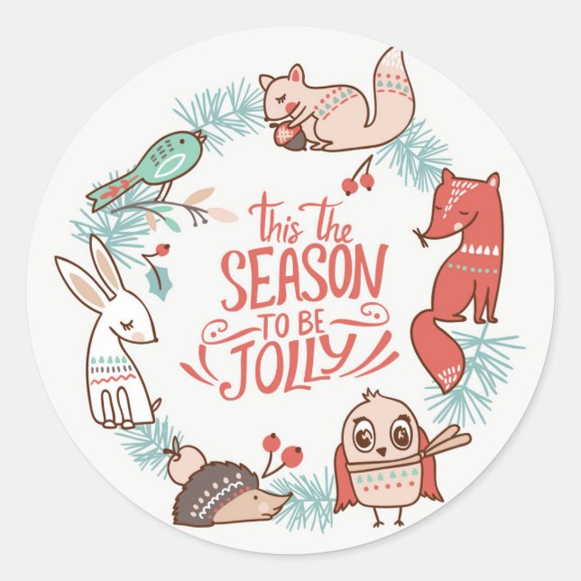 Redonda Navidades Jolly Forest Animals Round Pegatina (Anverso)