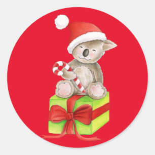 Redonda Navidades Koala oso pegatina redondo rojo